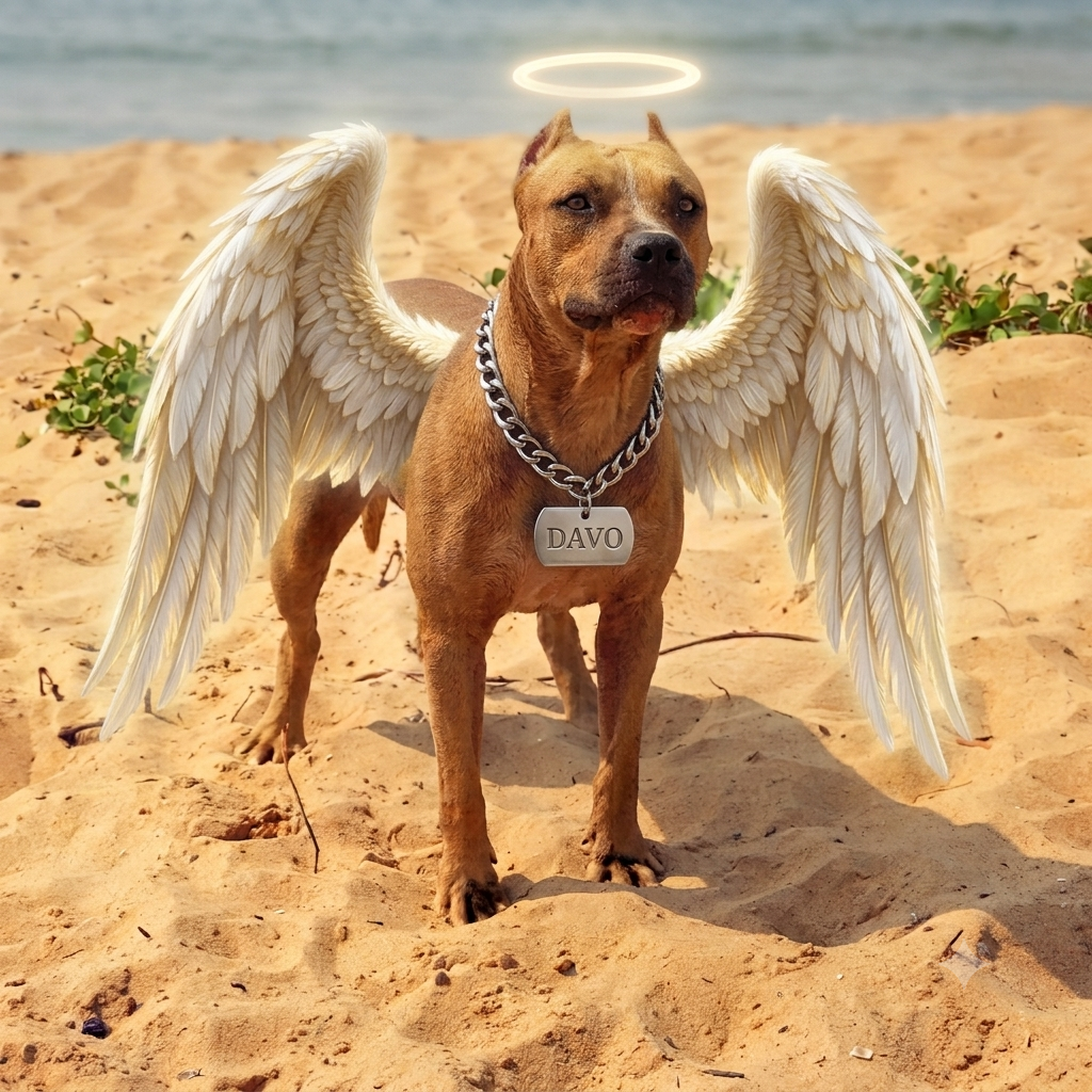 Davo on the beach with angel wings and halo