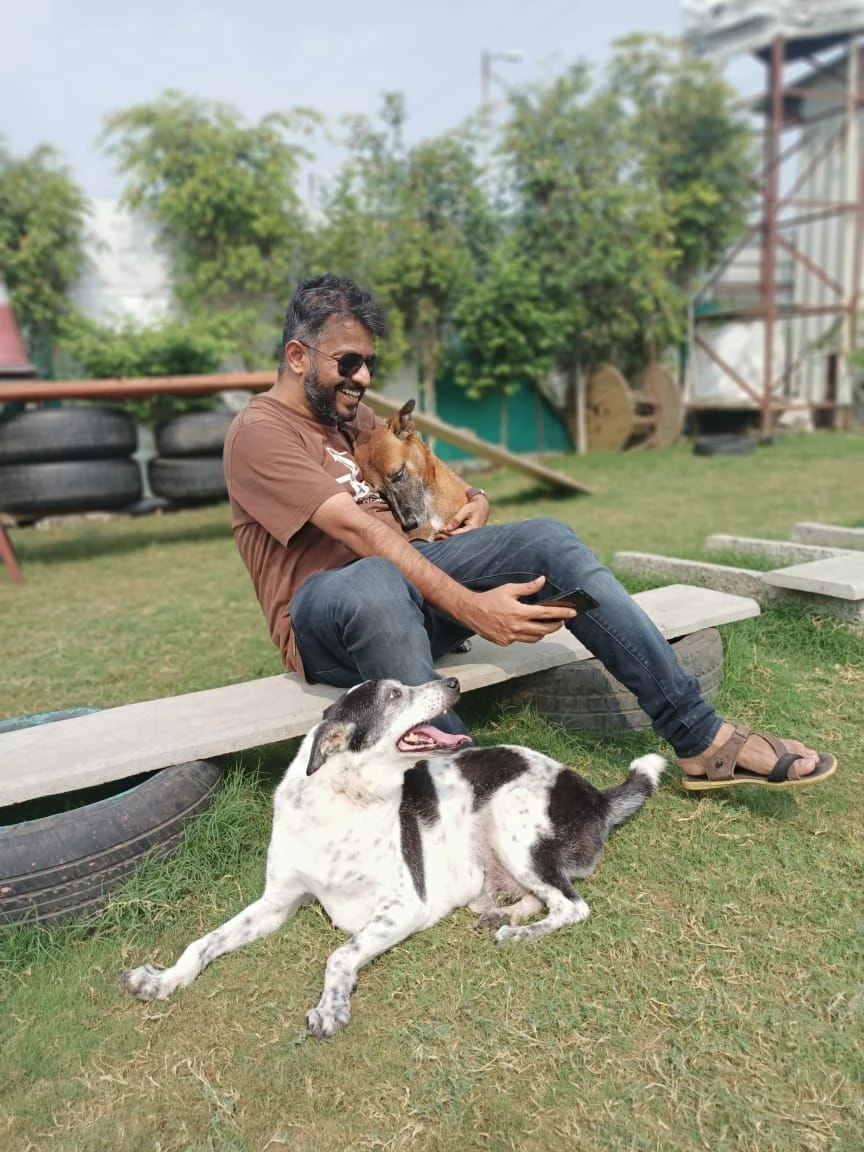 A person sitting outdoors beside two dogs